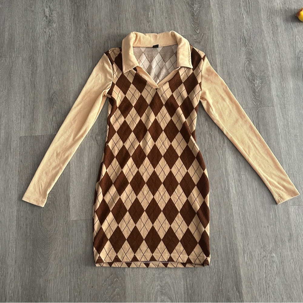 Argyle Patterned Brown and Cream Dress